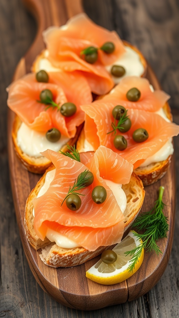 Smoked salmon toast with cream cheese, capers, and dill on a rustic wooden board.